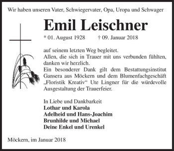 Traueranzeige von Emil Leischner  von Magdeburger Volksstimme
