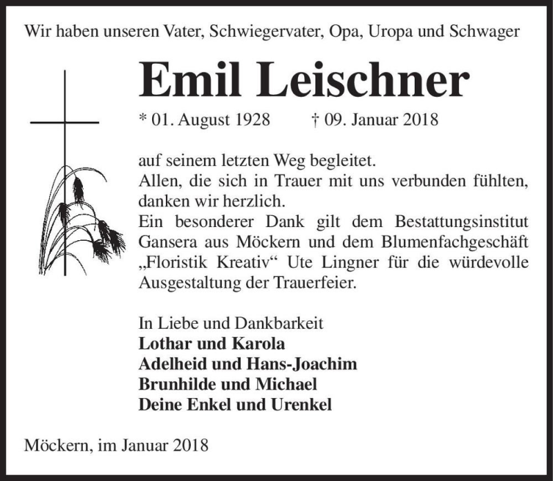 Traueranzeige für Emil Leischner  vom 17.01.2018 aus Magdeburger Volksstimme