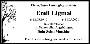 Traueranzeige von Emil Ligmal  von Magdeburger Volksstimme