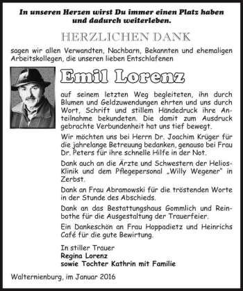 Traueranzeige von Emil Lorenz  von Magdeburger Volksstimme