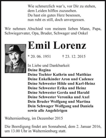 Traueranzeige von Emil Lorenz  von Magdeburger Volksstimme