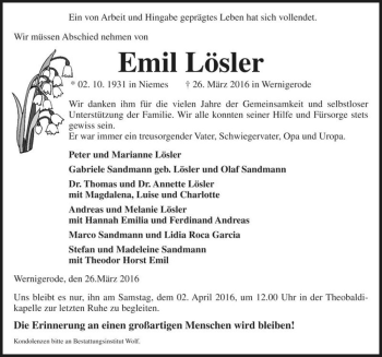 Traueranzeige von Emil Lösler  von Magdeburger Volksstimme