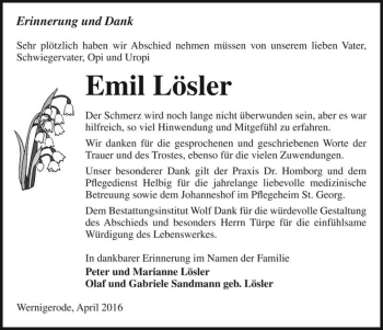 Traueranzeige von Emil Lösler  von Magdeburger Volksstimme