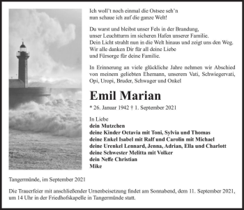 Traueranzeige von Emil Marian  von Magdeburger Volksstimme