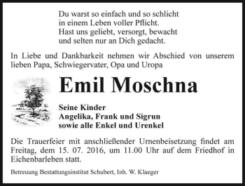 Traueranzeige von Emil Moschna  von Magdeburger Volksstimme