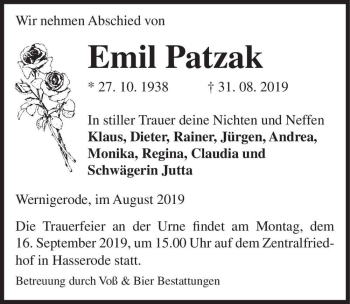 Traueranzeige von Emil Patzak  von Magdeburger Volksstimme