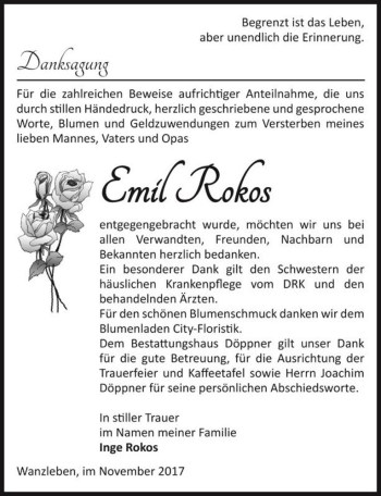 Traueranzeige von Emil Rokos  von Magdeburger Volksstimme