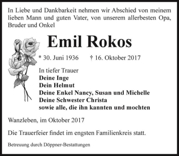 Traueranzeige von Emil Rokos  von Magdeburger Volksstimme