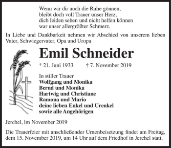 Traueranzeige von Emil Schneider  von Magdeburger Volksstimme