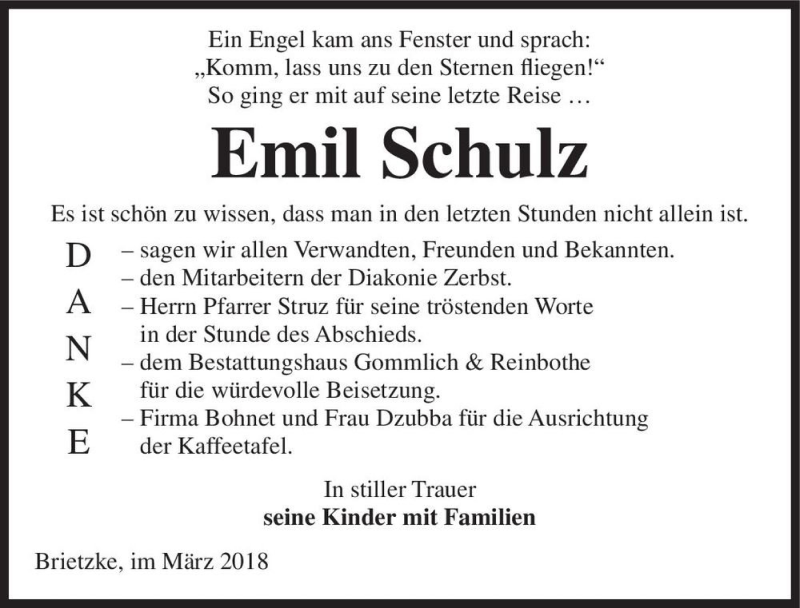  Traueranzeige für Emil Schulz  vom 24.03.2018 aus Magdeburger Volksstimme
