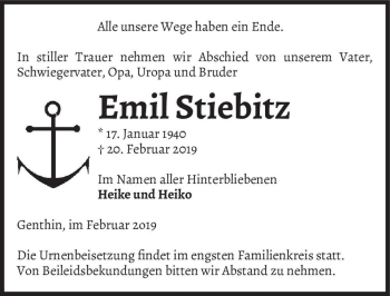 Traueranzeige von Emil Stiebitz  von Magdeburger Volksstimme