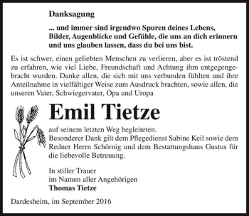 Traueranzeige von Emil Tietze  von Magdeburger Volksstimme