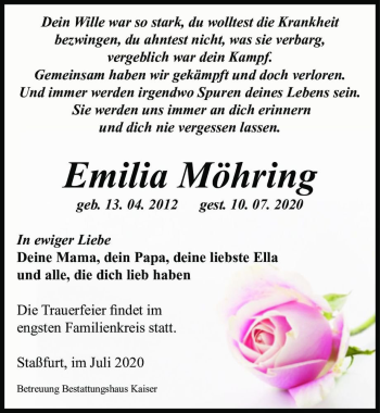 Traueranzeige von Emilia Möhring  von Magdeburger Volksstimme