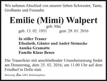 Traueranzeige von Emilie (Mimi) Walpert (geb. Mai)  von Magdeburger Volksstimme