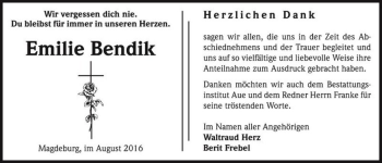 Traueranzeige von Emilie Bendik  von Magdeburger Volksstimme