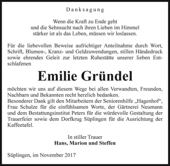 Traueranzeige von Emilie Gründel  von Magdeburger Volksstimme