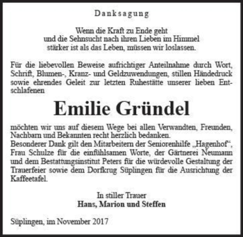 Traueranzeige von Emilie Gründel  von Magdeburger Volksstimme