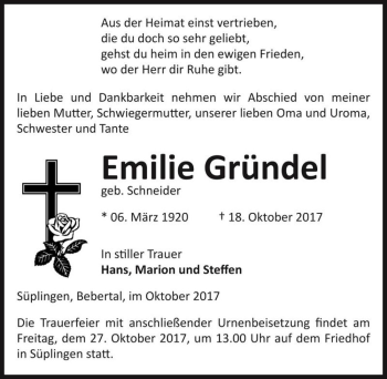 Traueranzeige von Emilie Gründel (geb. Schneider)  von Magdeburger Volksstimme