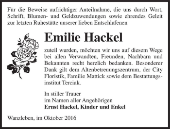 Traueranzeige von Emilie Hackel  von Magdeburger Volksstimme