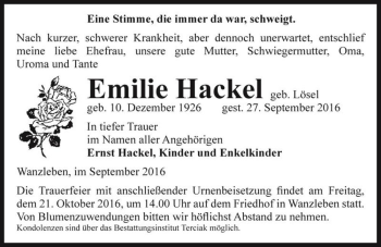 Traueranzeige von Emilie Hackel (geb. Lösel)  von Magdeburger Volksstimme