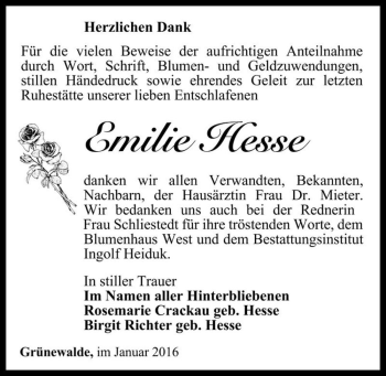 Traueranzeige von Emilie Hesse  von Magdeburger Volksstimme