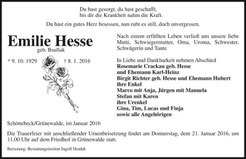 Traueranzeige von Emilie Hesse (geb. Bsullak)  von Magdeburger Volksstimme