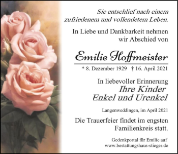 Traueranzeige von Emilie Hoffmeister  von Magdeburger Volksstimme