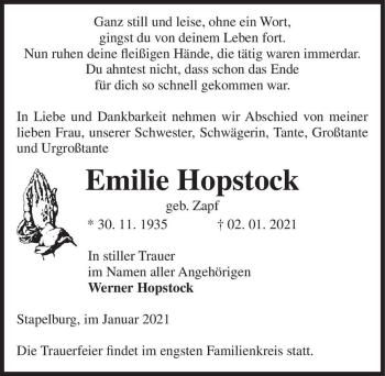 Traueranzeige von Emilie Hopstock (geb. Zapf)  von Magdeburger Volksstimme