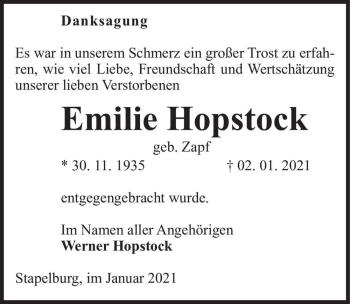 Traueranzeige von Emilie Hopstock (geb. Zapf)  von Magdeburger Volksstimme
