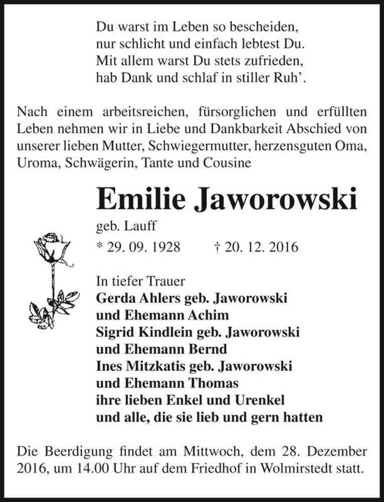  Traueranzeige für Emilie Jaworowski (geb. Lauff)  vom 23.12.2016 aus Magdeburger Volksstimme