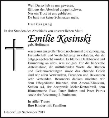 Traueranzeige von Emilie Kosinski (geb. Hoffmann)  von Magdeburger Volksstimme