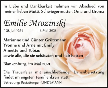 Traueranzeige von Emilie Mrozinski  von Magdeburger Volksstimme