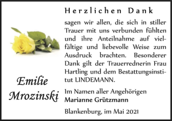 Traueranzeige von Emilie Mrozinski  von Magdeburger Volksstimme