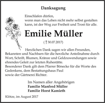 Traueranzeige von Emilie Müller  von Magdeburger Volksstimme
