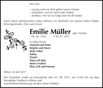 Traueranzeige von Emilie Müller (geb. Maskus)  von Magdeburger Volksstimme