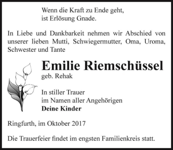 Traueranzeige von Emilie Riemschüssel (geb. Rehak)  von Magdeburger Volksstimme