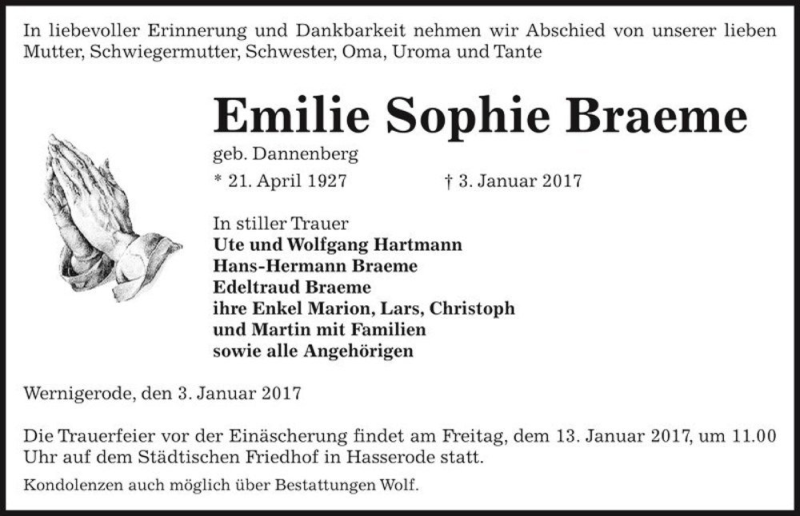  Traueranzeige für Emilie Sophie Braeme  vom 07.01.2017 aus Magdeburger Volksstimme