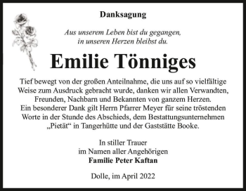 Traueranzeige von Emilie Tönniges  von Magdeburger Volksstimme