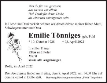 Traueranzeige von Emilie Tönniges (geb. Pohl)  von Magdeburger Volksstimme
