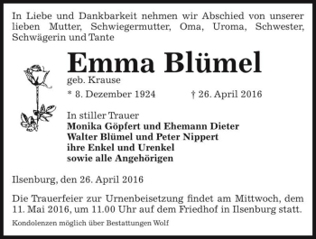 Traueranzeige von Emma Blümel (geb. Krause)  von Magdeburger Volksstimme