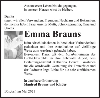 Traueranzeige von Emma Brauns  von Magdeburger Volksstimme