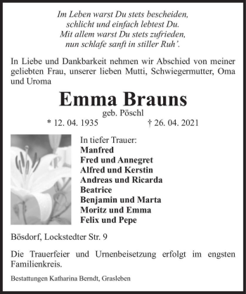 Traueranzeige von Emma Brauns (geb. Pöschl)  von Magdeburger Volksstimme