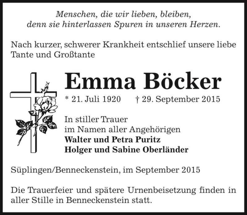  Traueranzeige für Emma Böcker  vom 02.10.2015 aus Magdeburger Volksstimme