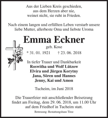 Traueranzeige von Emma Eckner (geb. Kose)  von Magdeburger Volksstimme