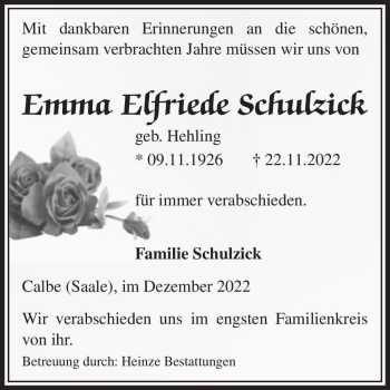 Traueranzeige von Emma Elfriede Schulzick (geb. Hehling)  von Magdeburger Volksstimme