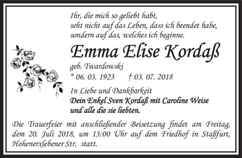 Traueranzeige von Emma Elise Kordaß (geb. Twardowski)  von Magdeburger Volksstimme