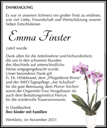Traueranzeige von Emma Finster  von Magdeburger Volksstimme