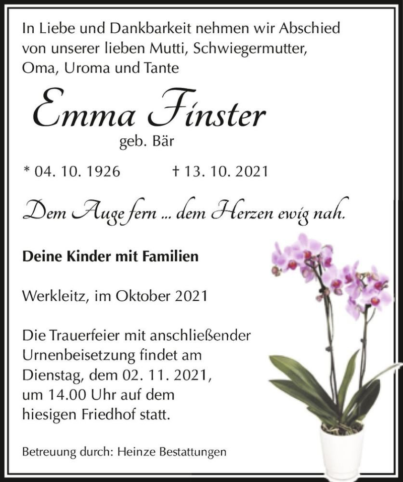  Traueranzeige für Emma Finster (geb. Bär)  vom 23.10.2021 aus Magdeburger Volksstimme