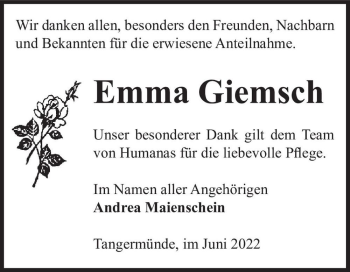 Traueranzeige von Emma Giemsch  von Magdeburger Volksstimme