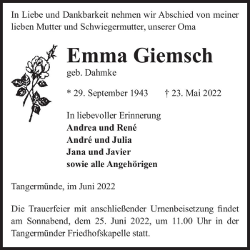 Traueranzeige von Emma Giemsch (geb. Dahmke)  von Magdeburger Volksstimme